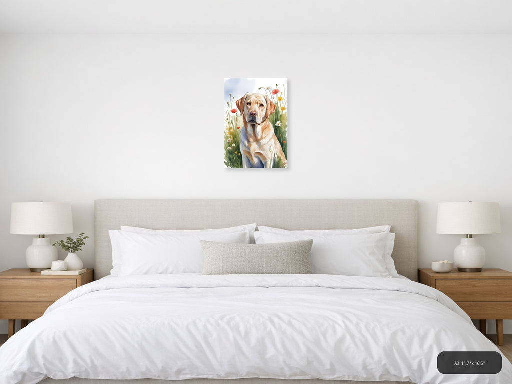 Golden Labrador in Wildflower Garden Watercolor Wall Art — A3 / Bedroom