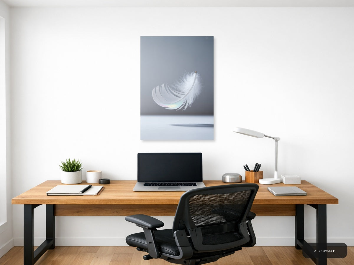 White Feather with Iridescent Light - Minimalist Wall Art — A1 / Office