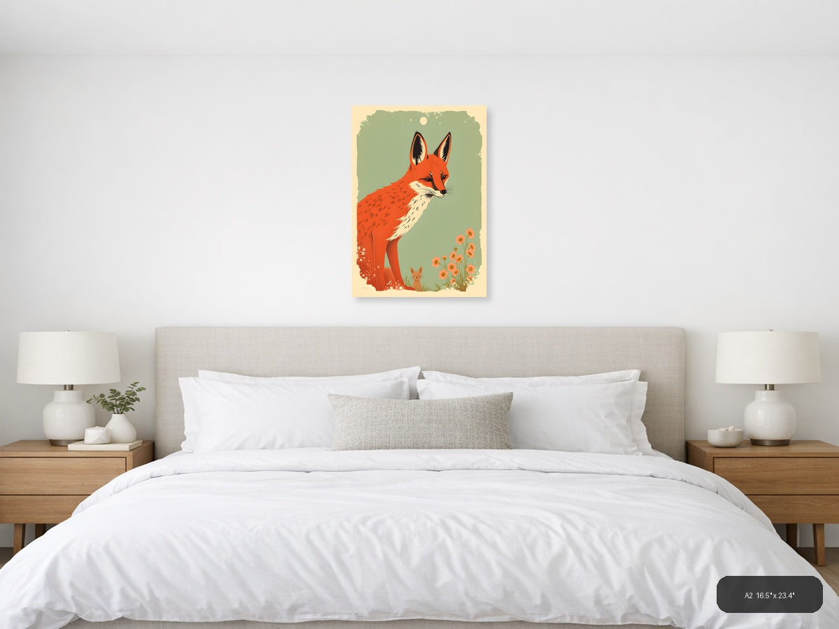 Red Fox and Cat Vintage Botanical Wall Art — A2 / Bedroom