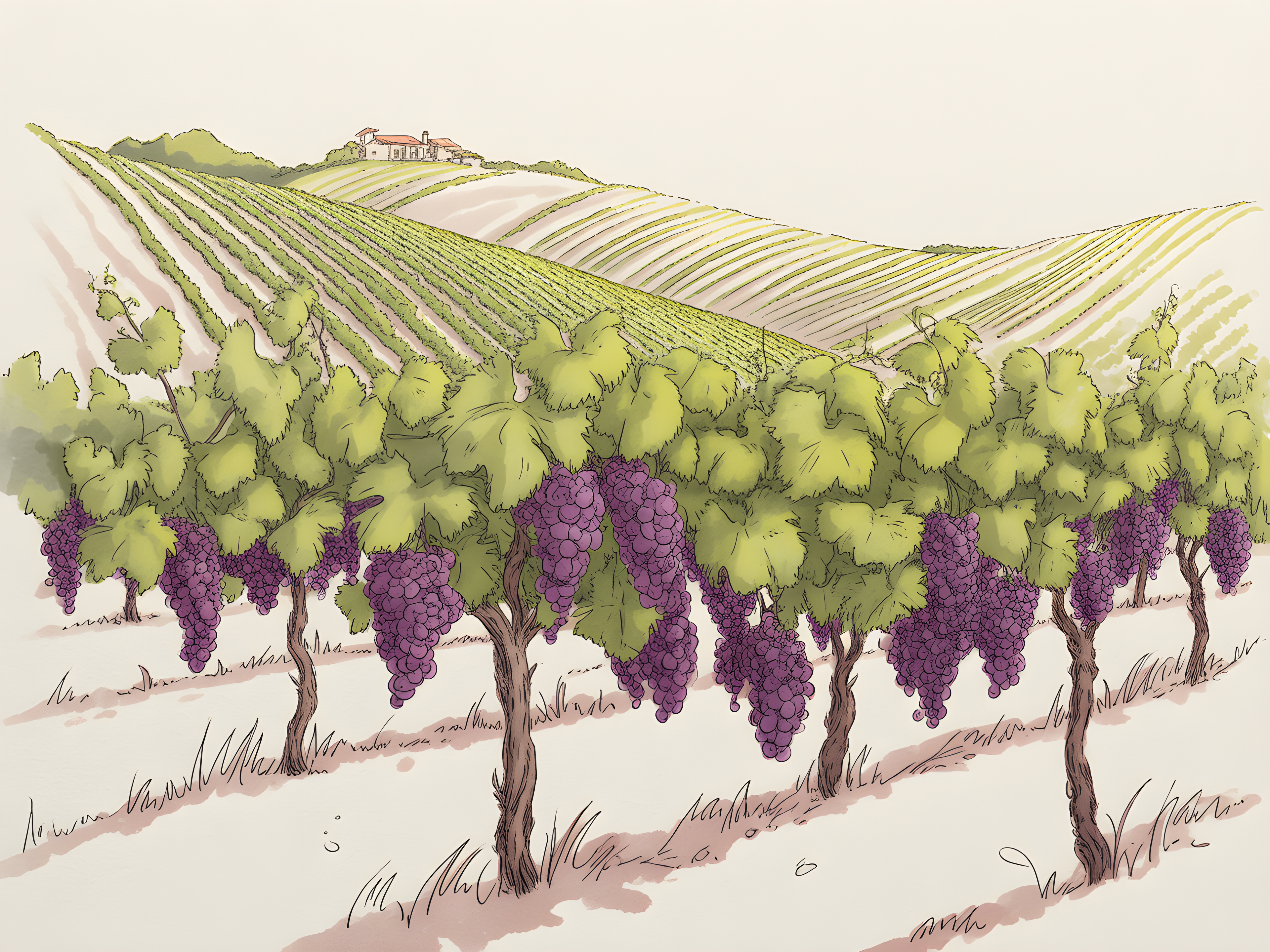 Vineyard Landscape with Purple Grapes Line Art Wall Art