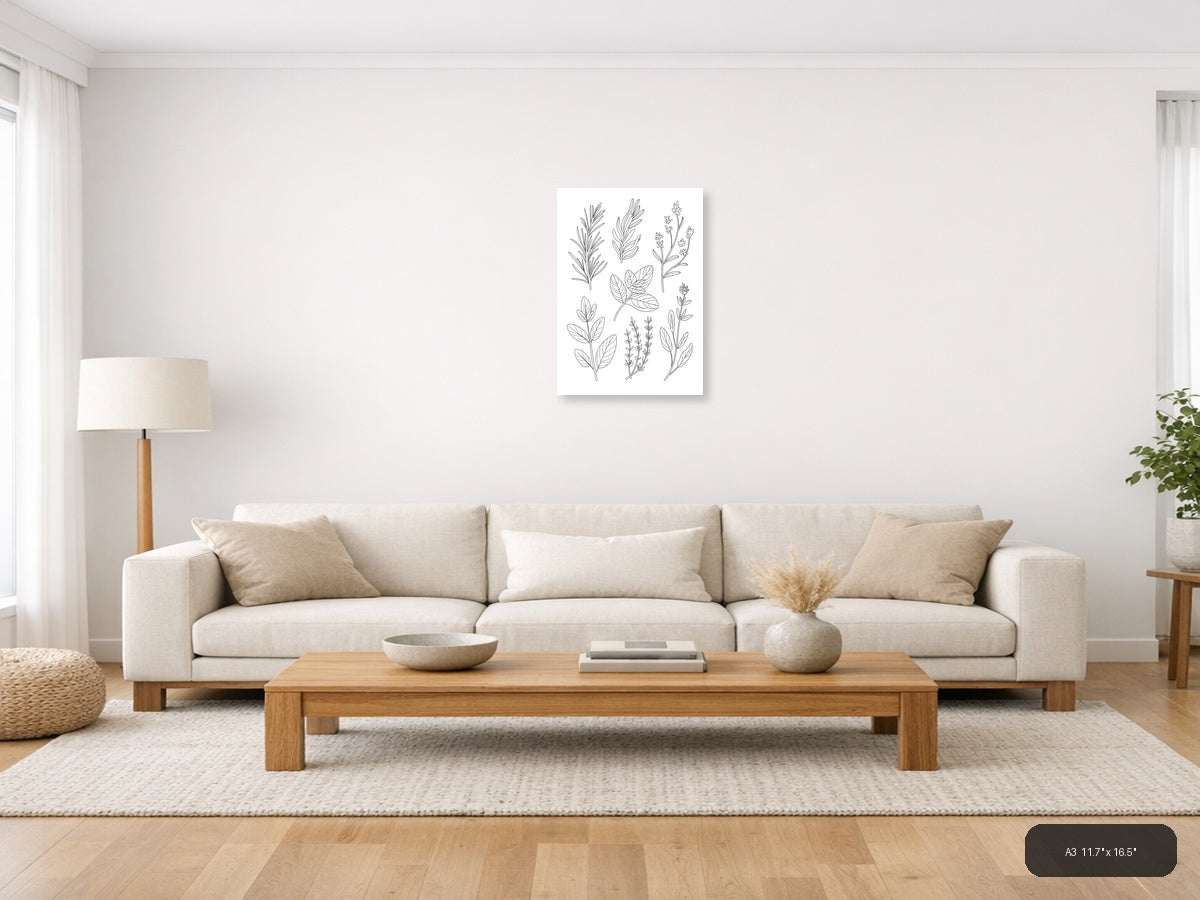 Minimalist Botanical Line Art Herbs Wall Art — A3 / Living Room