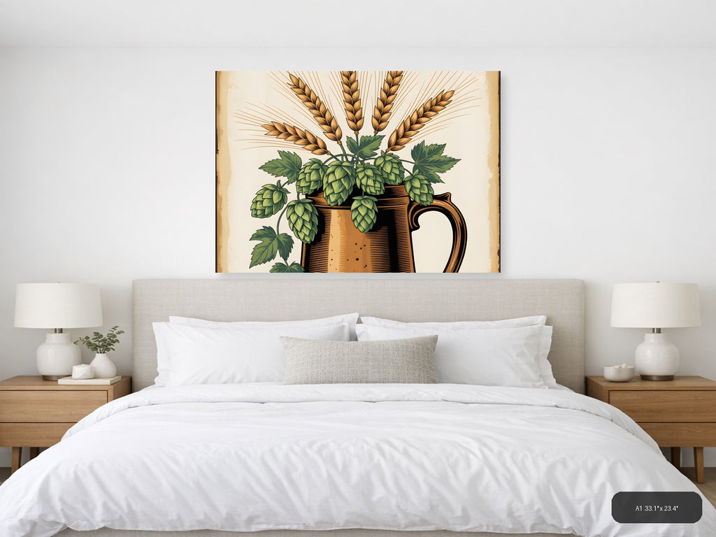 Vintage Beer Hops and Wheat Botanical Wall Art — A1 / Bedroom