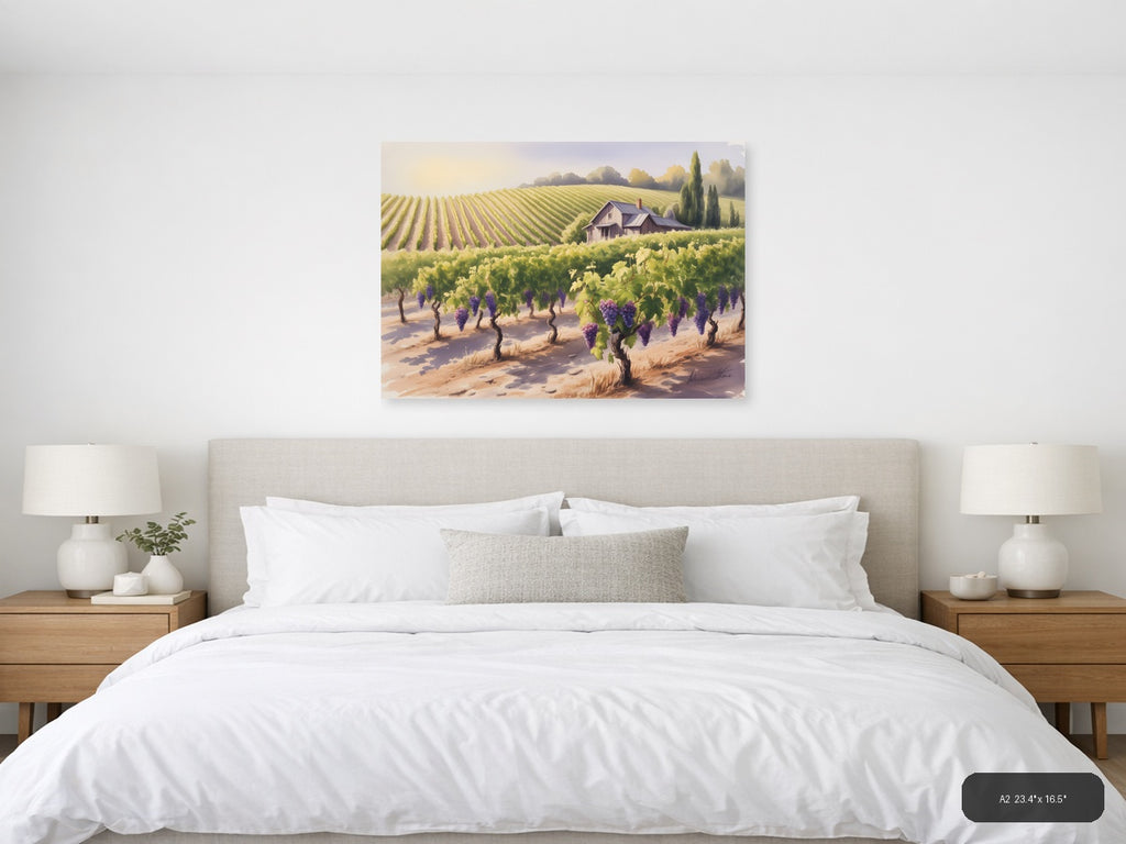 Tuscan Vineyard Landscape Watercolor Wall Art — A2 / Bedroom