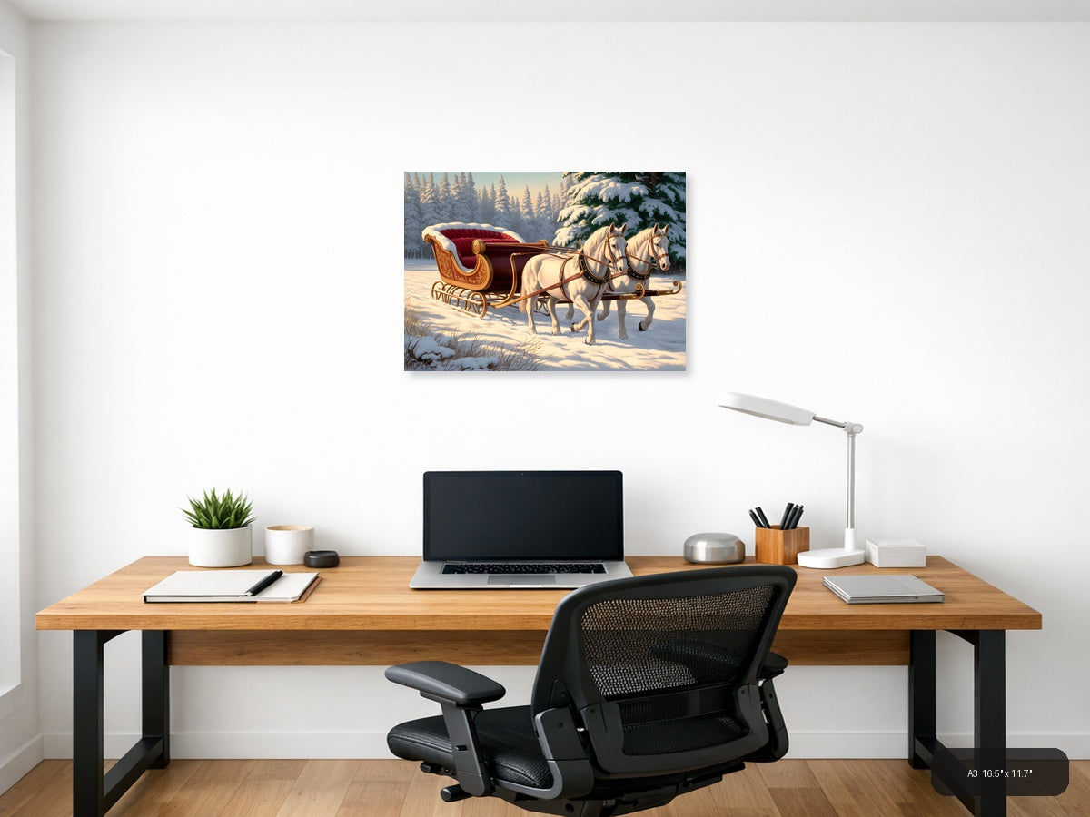 Vintage Christmas Sleigh with White Horses Wall Art — A3 / Office