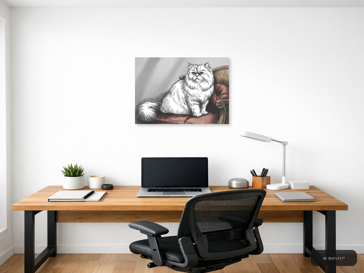 White Fluffy Cat with Blue Eyes Line Art Wall Art — A3 / Office
