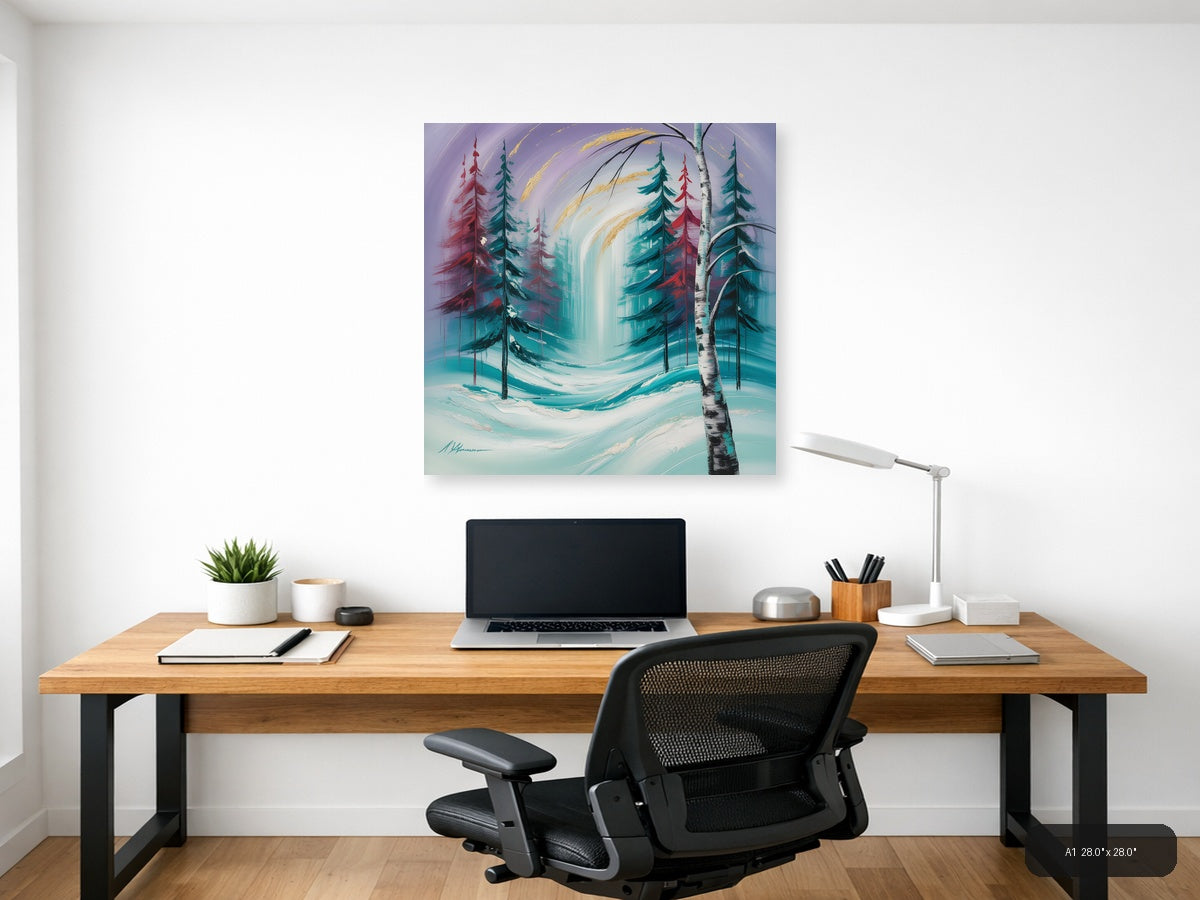 Abstract Winter Forest with Turquoise Waterfall Wall Art — A1 / Office