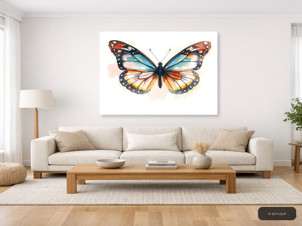 Watercolor Butterfly with Turquoise and Orange Wings Wall Art — A1 / Living Room