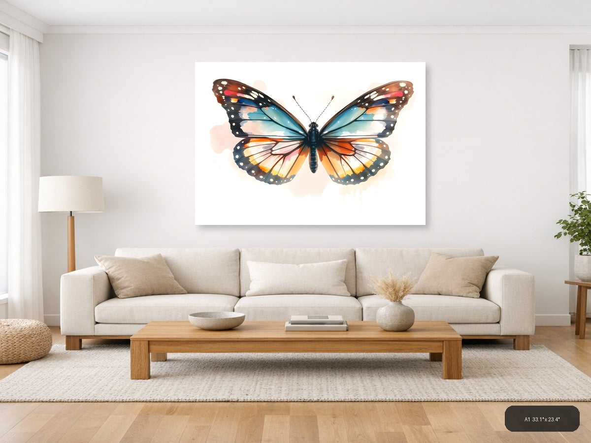 Watercolor Butterfly with Turquoise and Orange Wings Wall Art — A1 / Living Room