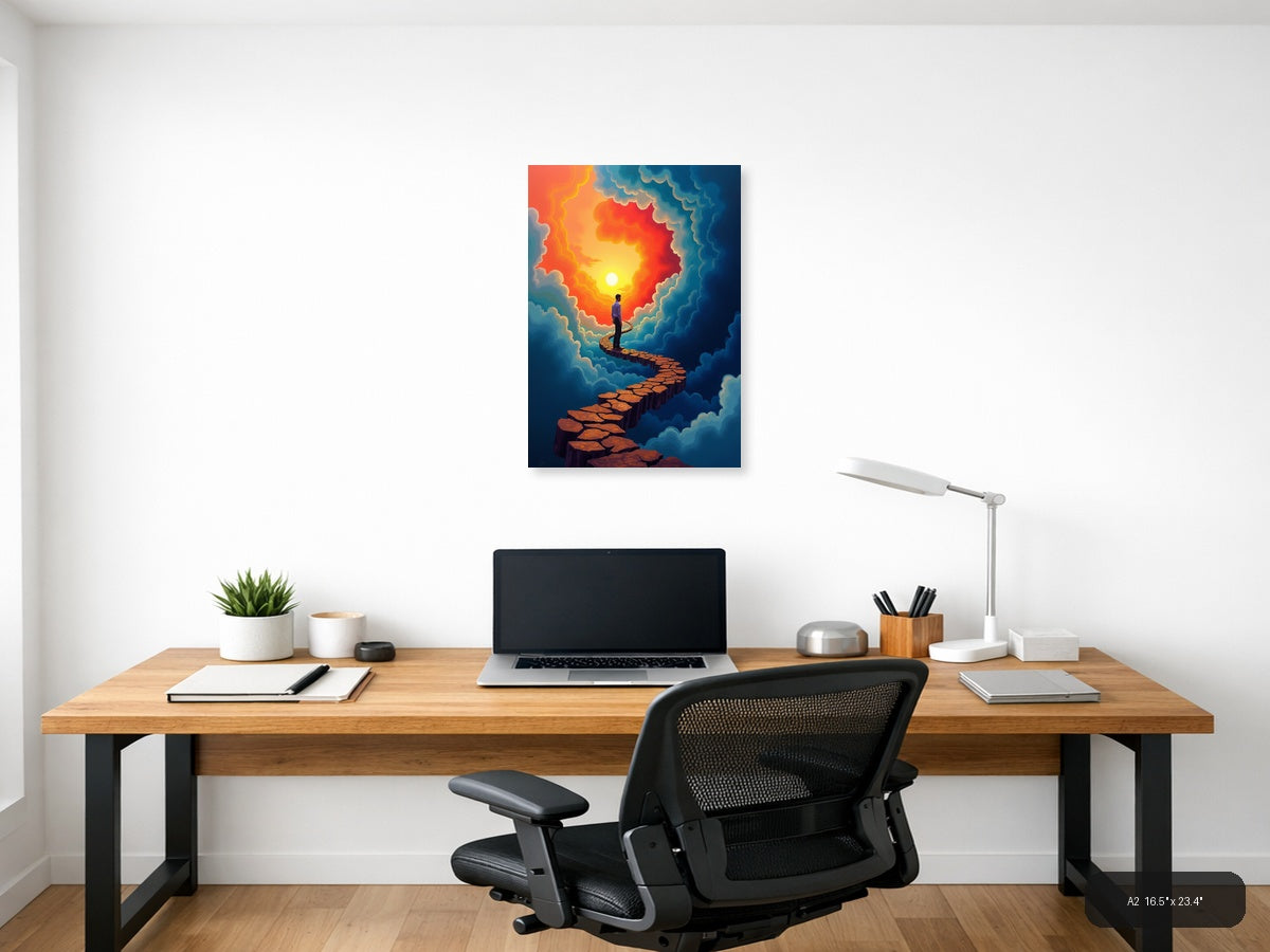 Man on Stone Path to Sunset Cloud Portal Wall Art — A2 / Office