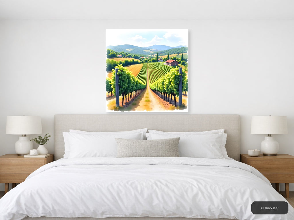 Tuscan Vineyard Landscape Watercolor Wall Art — A1 / Bedroom