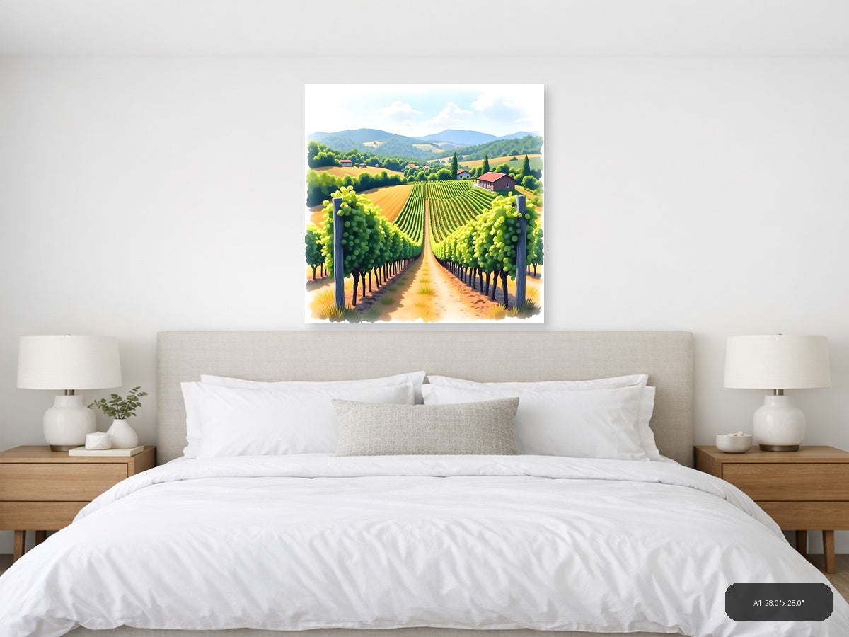 Tuscan Vineyard Landscape Watercolor Wall Art — A1 / Bedroom
