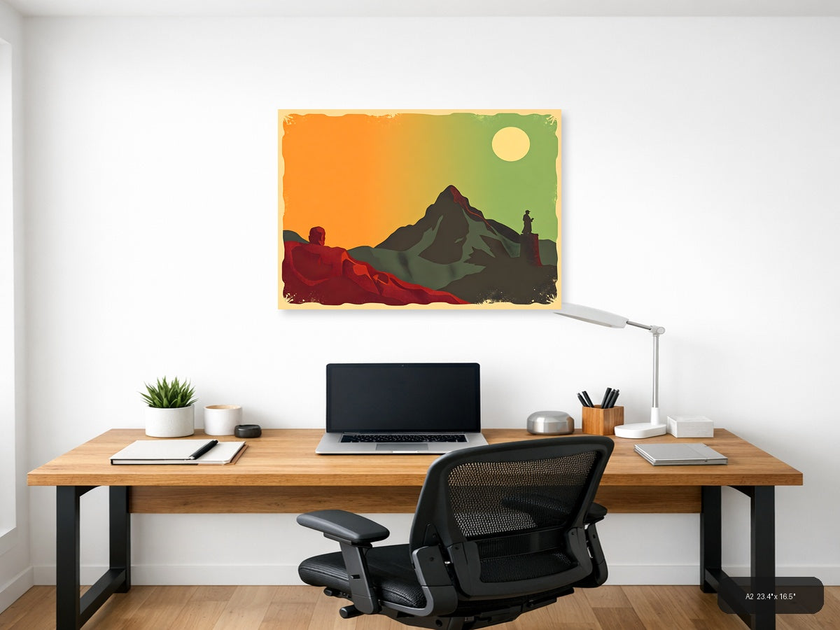 Vintage Mountain Landscape with Hikers - Retro Wall Art — A2 / Office