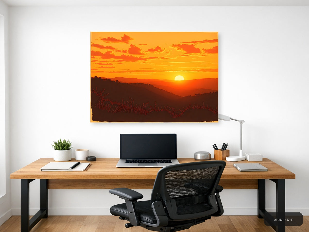 Vintage Sunset Over Mountains Landscape Wall Art — A1 / Office
