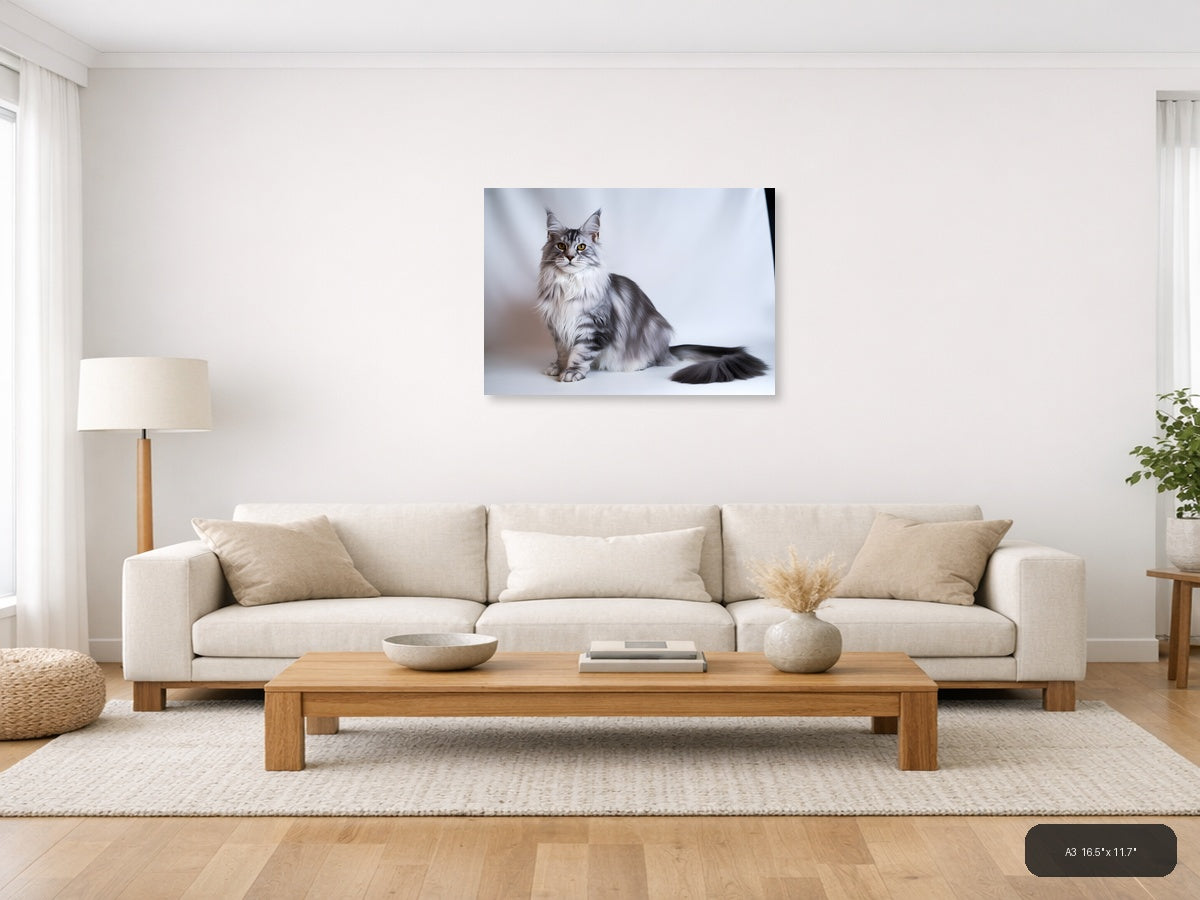Gray Tabby Cat Portrait Minimalist Wall Art — A3 / Living Room