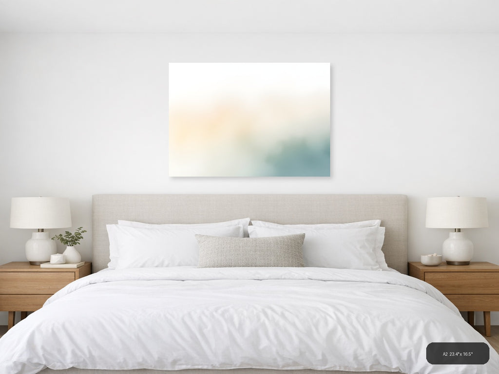 Serene Watercolor Landscape with Soft Teal & Cream Wall Art — A2 / Bedroom