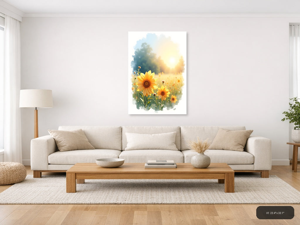 Sunflowers in Golden Light Watercolor Wall Art — A1 / Living Room