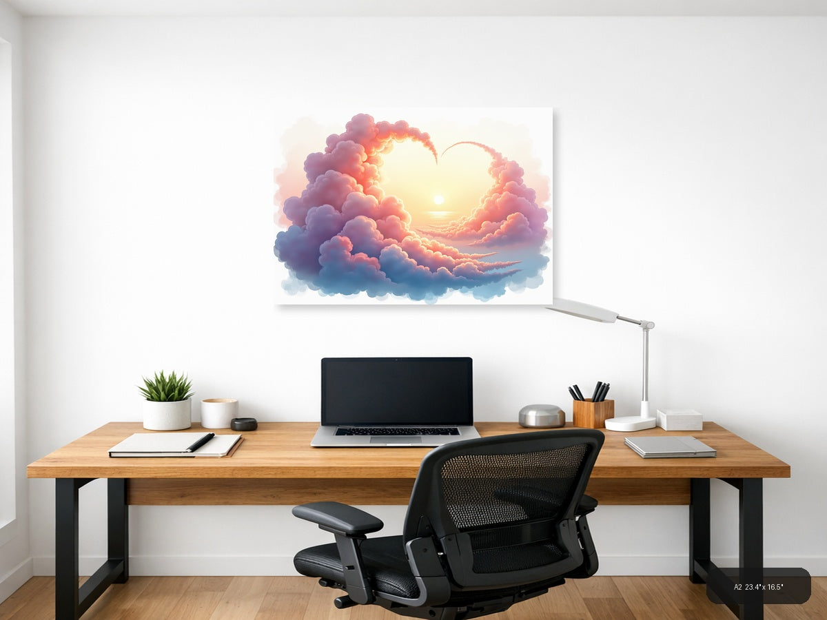 Sunset Heart Clouds Watercolor Landscape Wall Art — A2 / Office