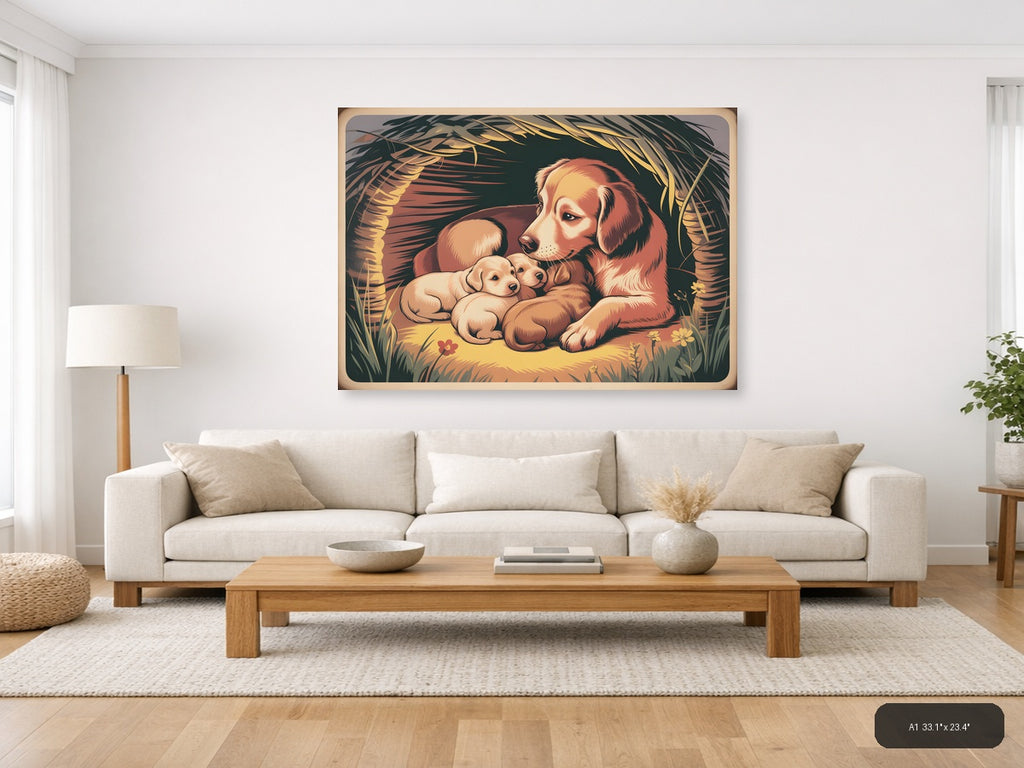 Vintage Mother Dog and Puppies Nest Wall Art — A1 / Living Room