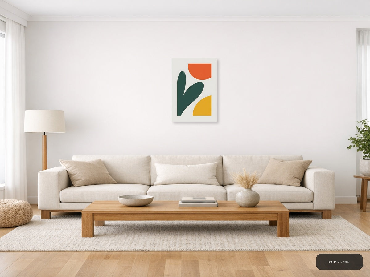 Minimalist Abstract Shapes in Teal, Orange & Yellow Wall Art — A3 / Living Room