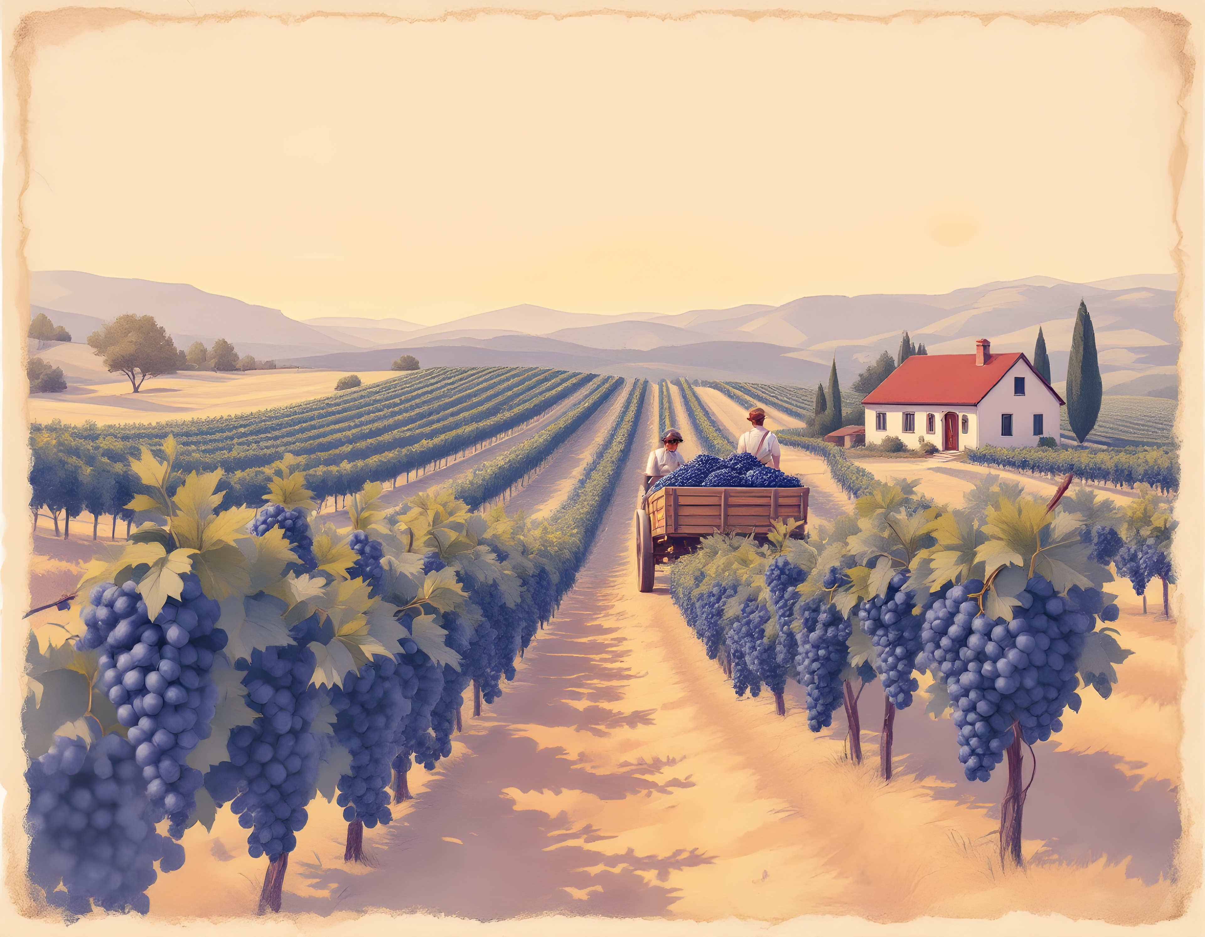 Vintage Tuscan Vineyard Harvest Landscape Wall Art