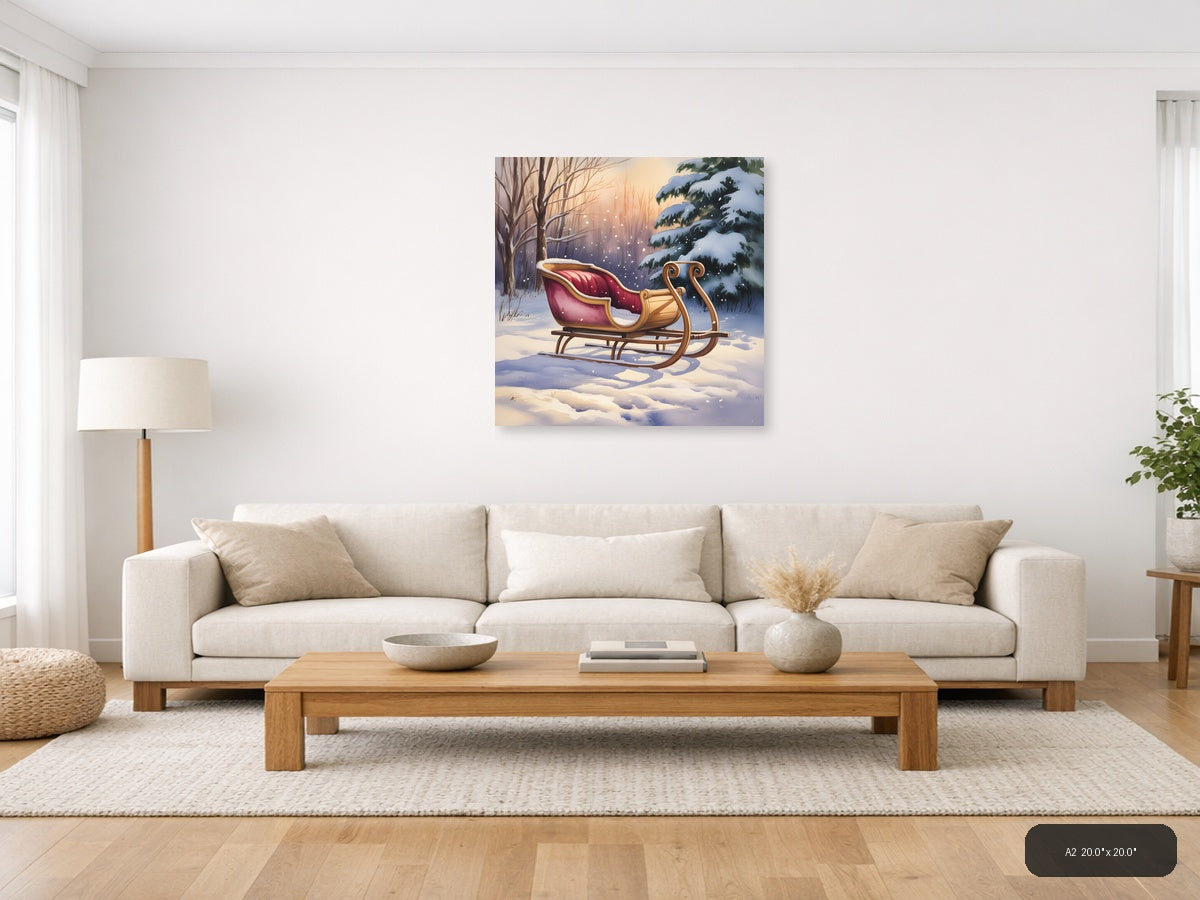 Santa's Sleigh Winter Forest Watercolor Wall Art — A2 / Living Room