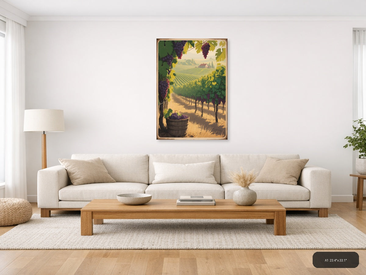 Vintage Tuscan Vineyard Landscape with Grapes Wall Art — A1 / Living Room