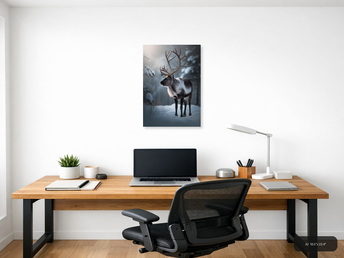 Majestic Reindeer in Snowy Winter Forest Photography Wall Art — A2 / Office