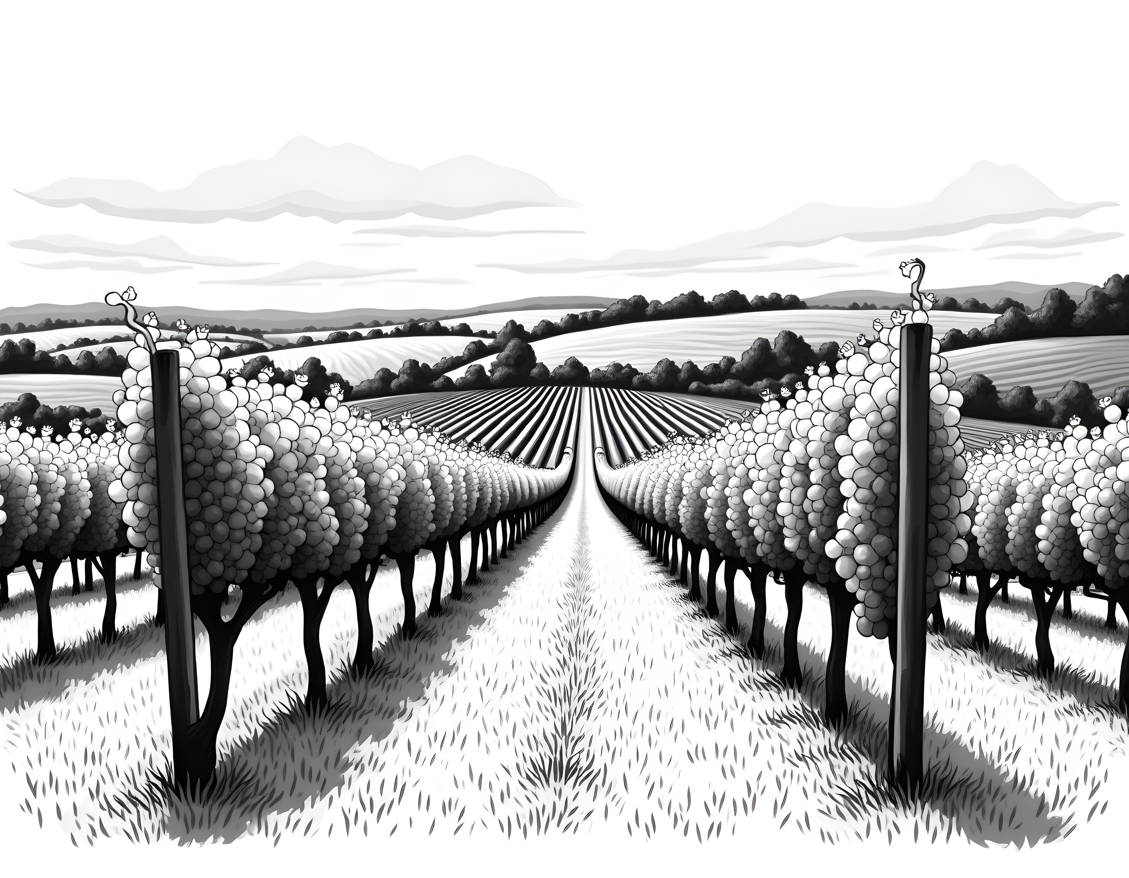 Vineyard Rows Line Art - Black & White Landscape Wall Art