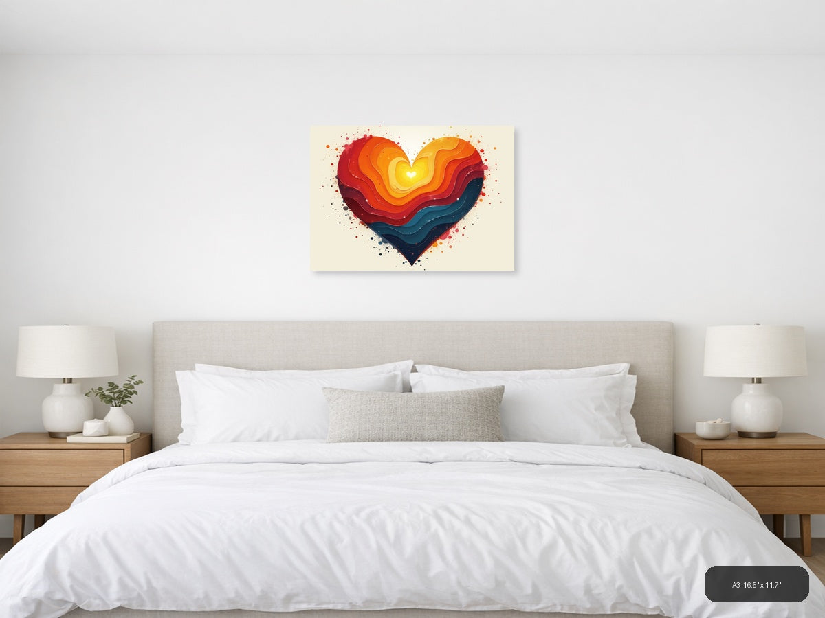 Layered Heart with Glowing Center | Abstract Rainbow Wall Art — A3 (Bedroom)