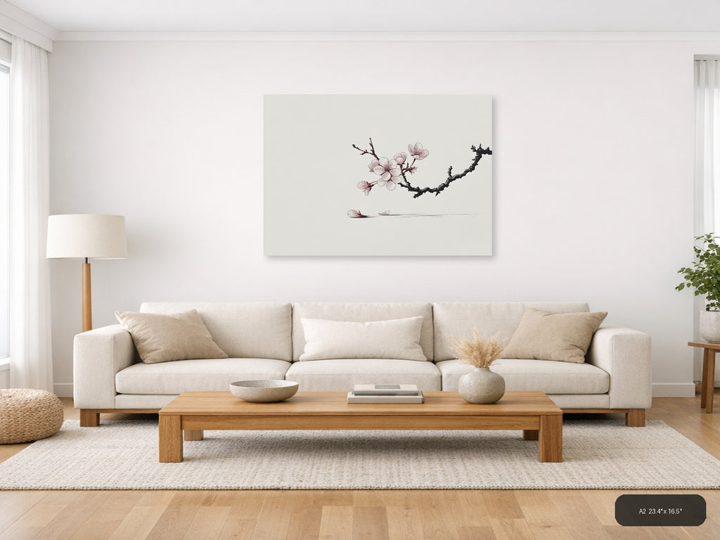 Cherry Blossom Branch Line Art Minimalist Wall Art — A2 / Living Room