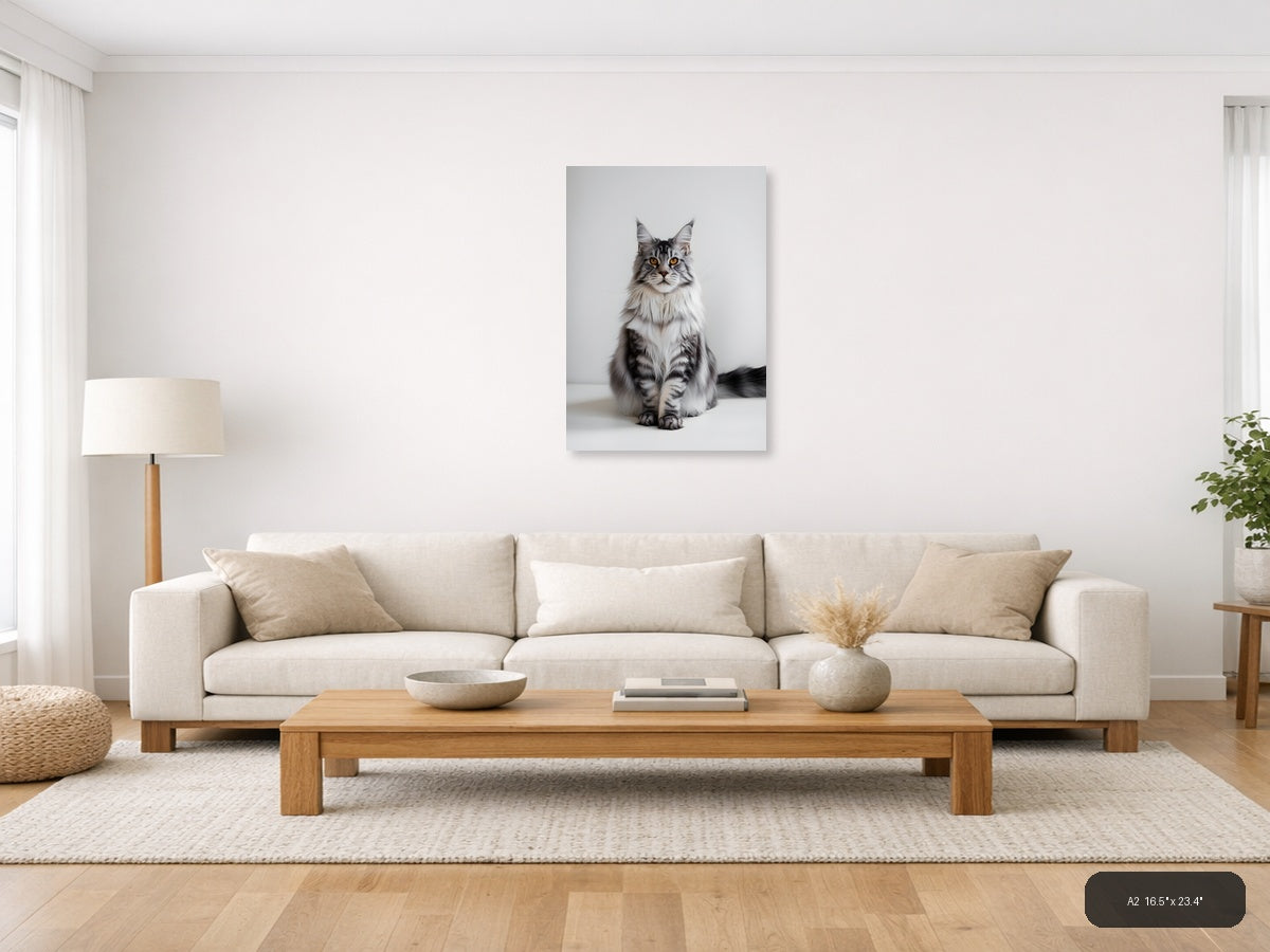 Gray Tabby Cat Portrait Minimalist Wall Art — A2 / Living Room