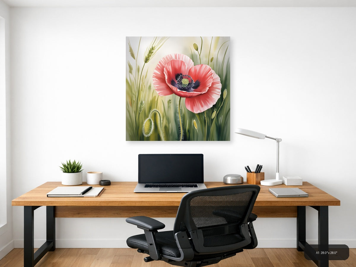 Red Poppy Watercolor Flower with Wheat Field Wall Art — A1 / Office