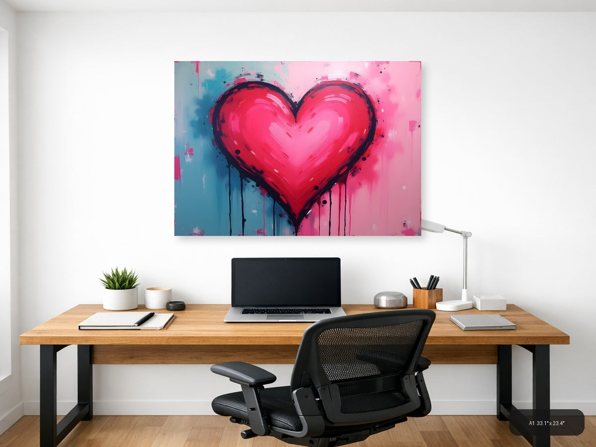 Bold Pink Heart Abstract Drip Modern Wall Art — A1 / Office