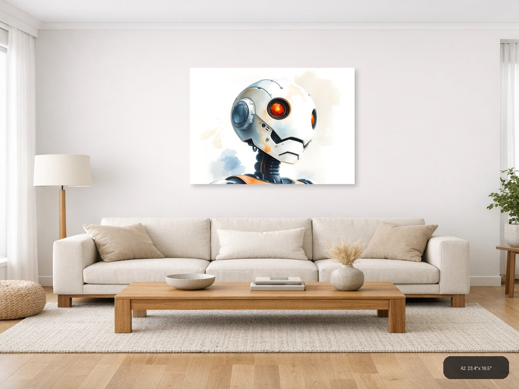 Futuristic Robot Head Watercolor Illustration Wall Art — A2 / Living Room