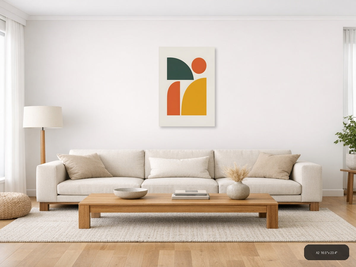 Minimalist Geometric Shapes in Green, Orange & Gold Wall Art — A2 / Living Room