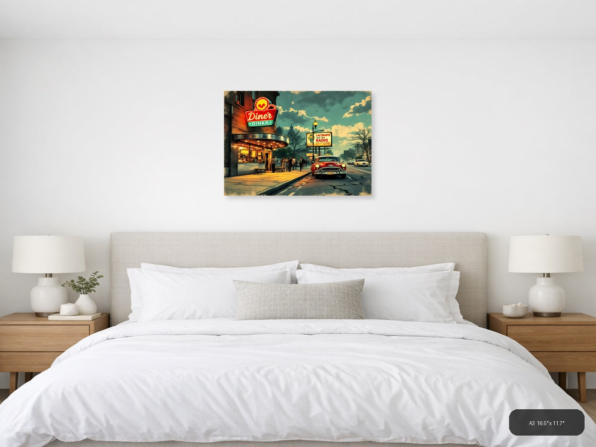 Vintage Diner Street Scene Retro Americana Wall Art — A3 / Bedroom