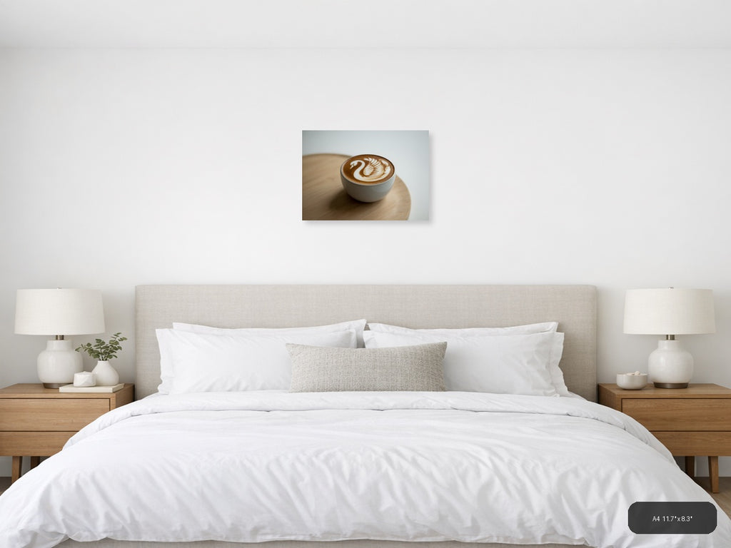 Minimalist Swan Latte Art Coffee Wall Art — A4 / Bedroom