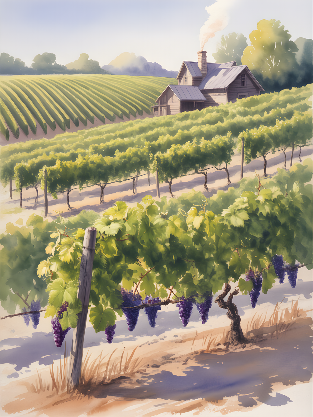 Vineyard Countryside Watercolor Landscape Wall Art