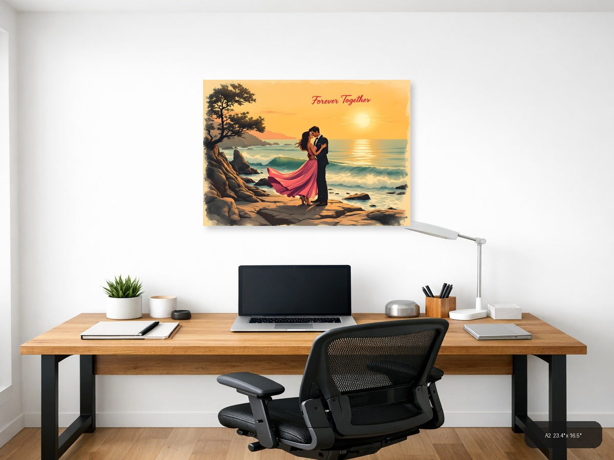 Forever Together Couple Beach Sunset Vintage Wall Art — A2 / Office