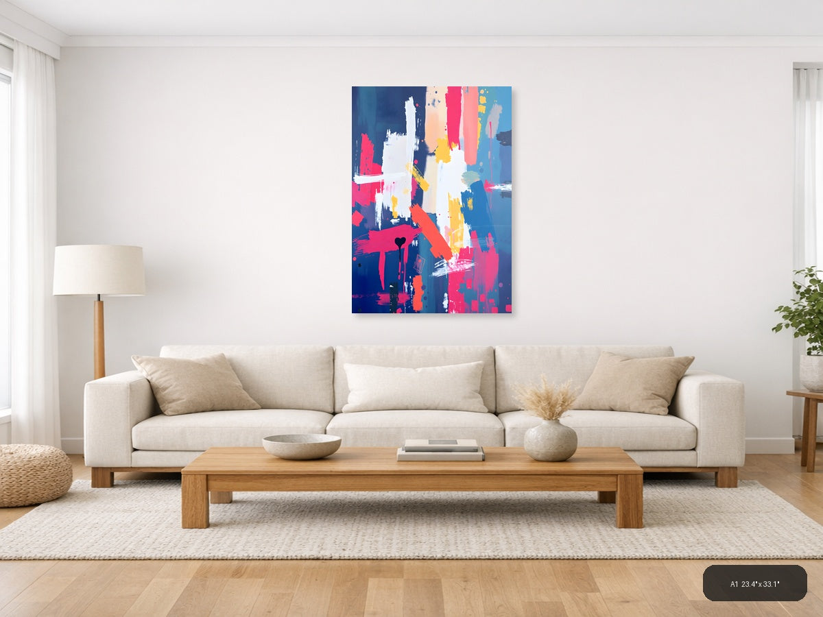 Vibrant Abstract Paint Splatter Blue Pink Yellow Wall Art — A1 / Living Room