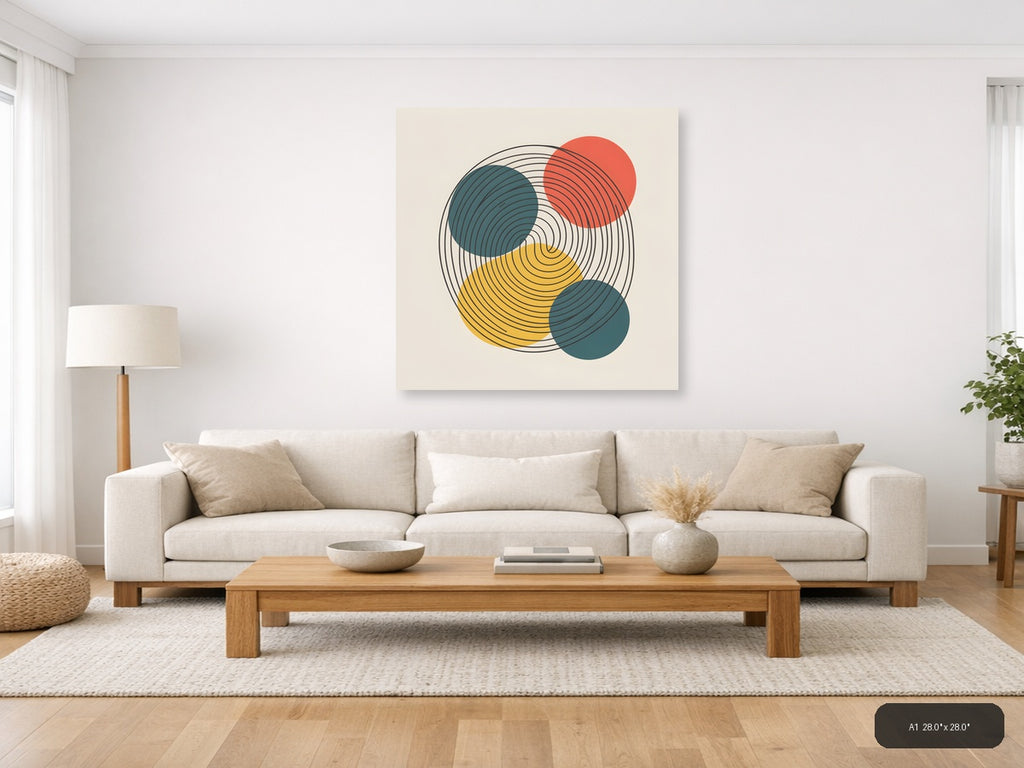 Modern Geometric Circle Line Art with Teal, Gold & Coral Wall Art — A1 / Living Room
