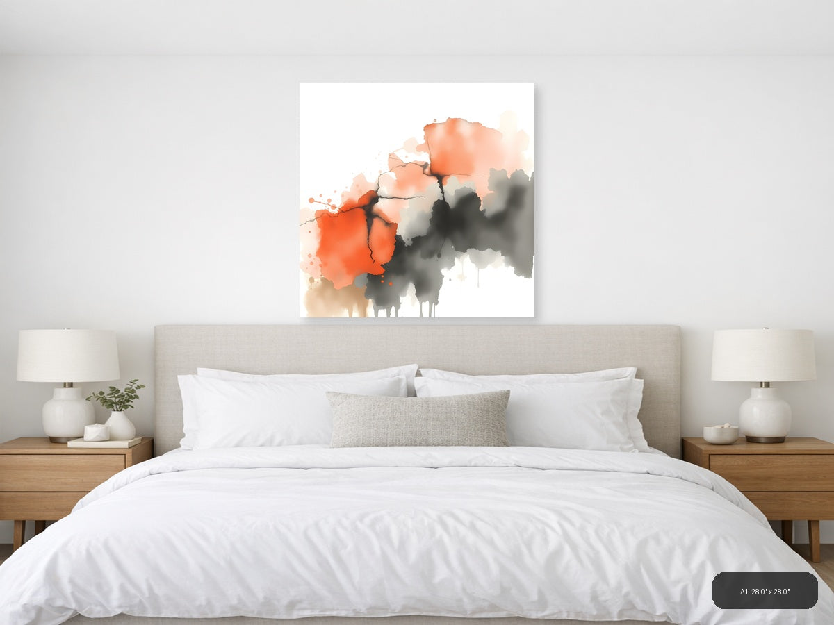 Abstract Watercolor Map with Orange and Gray Wall Art — A1 / Bedroom