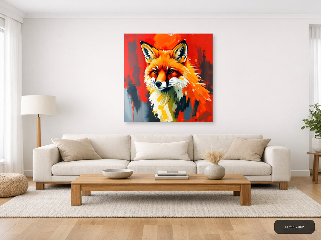 Abstract Fox Portrait Red Orange Splatter Wall Art — A1 / Living Room