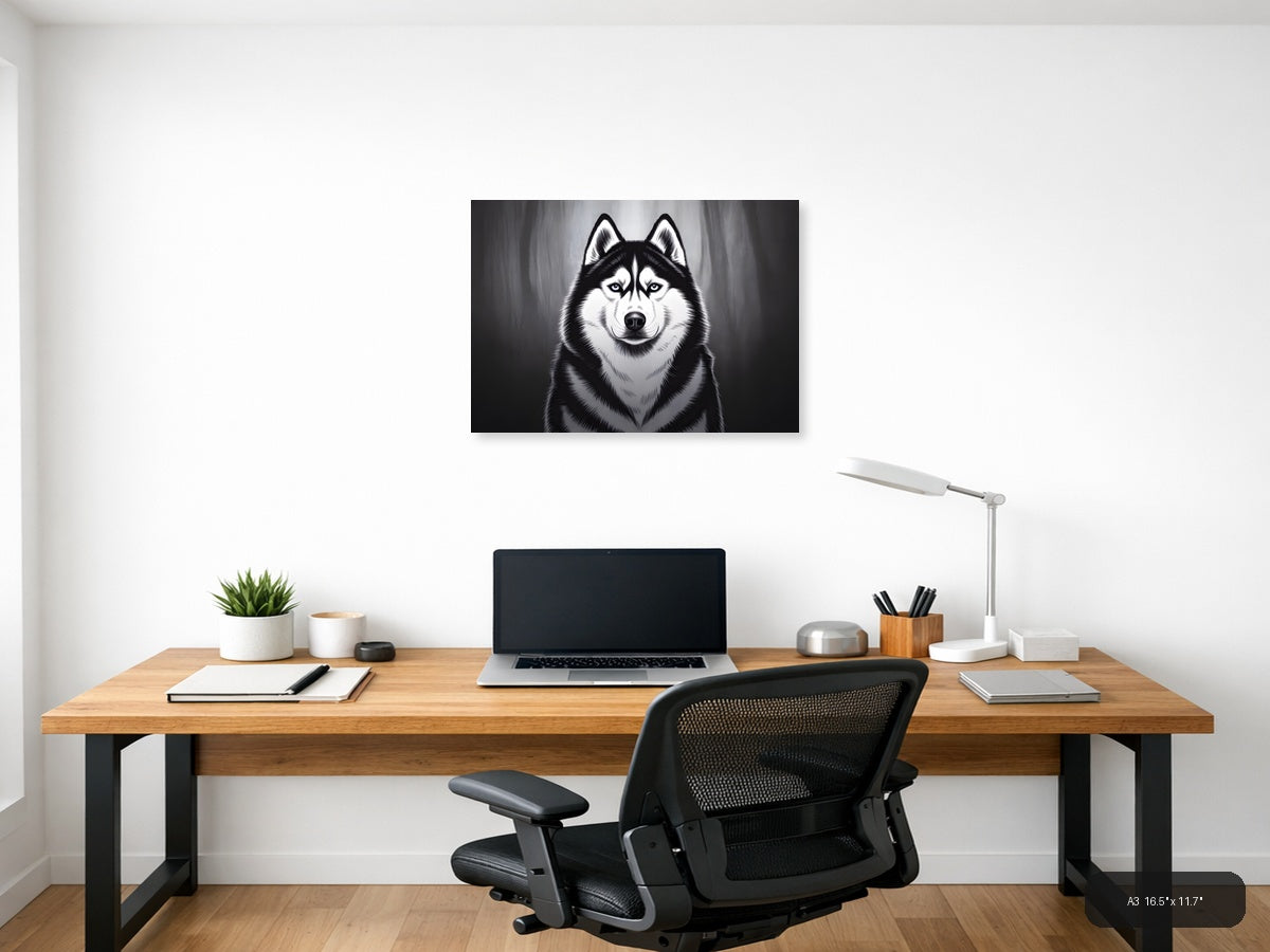 Striking Husky Portrait Black and White Photography Wall Art — A3 / Office
