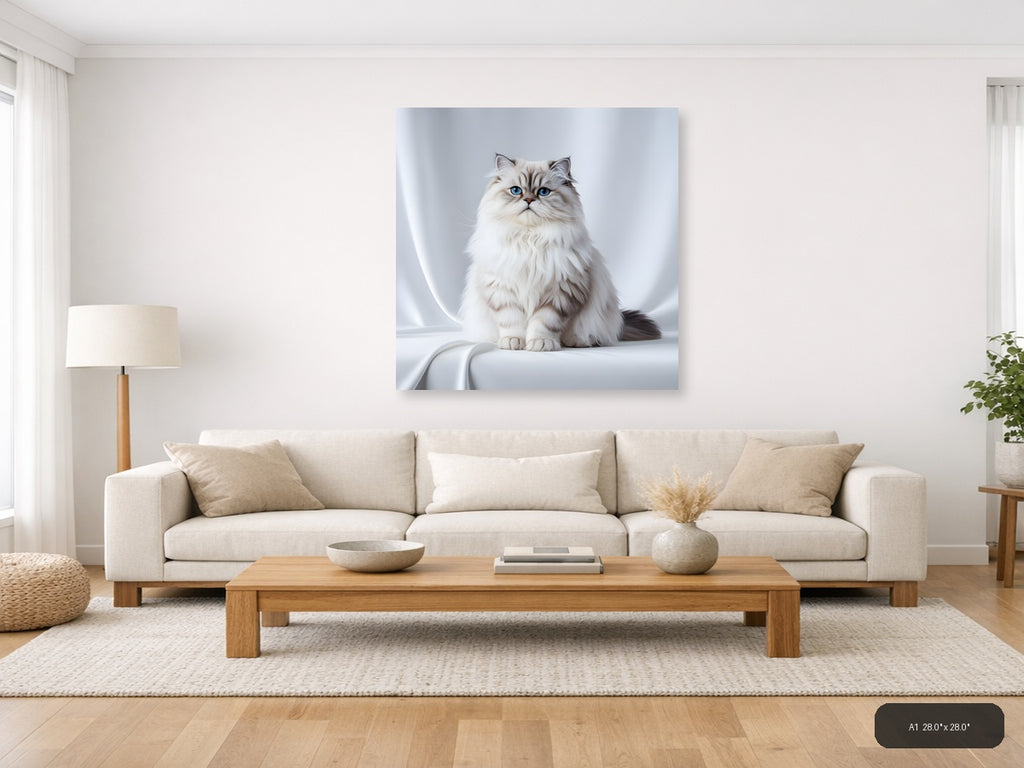 Minimalist White Persian Cat Blue Eyes Square Wall Art — A1 / Living Room