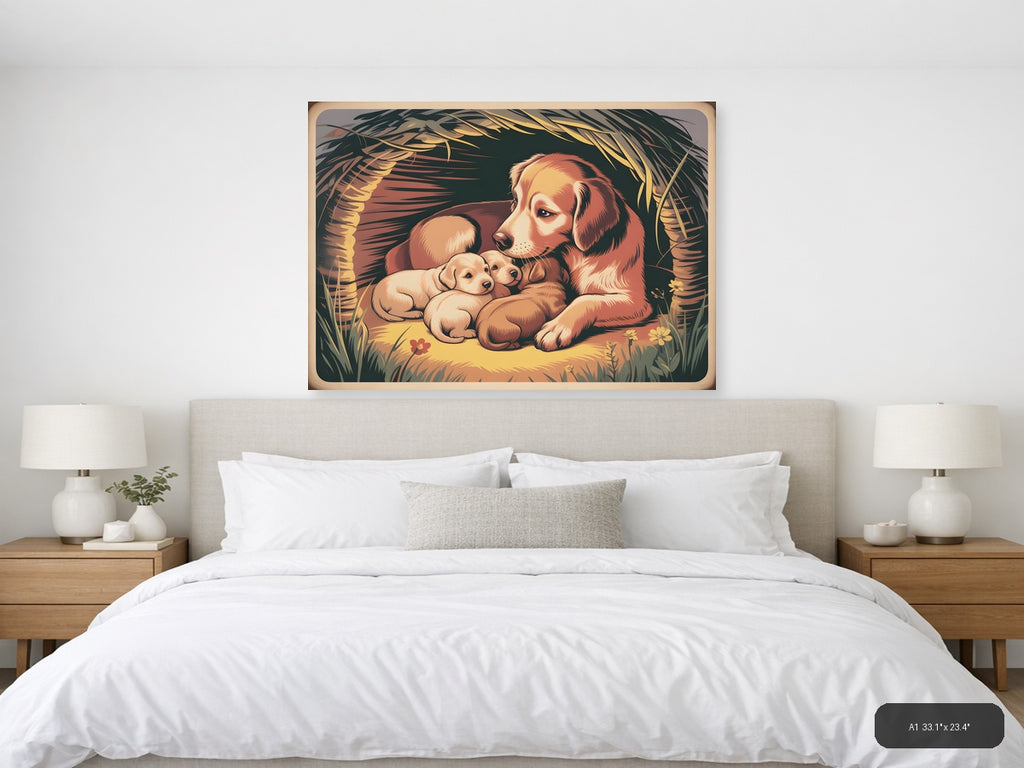 Vintage Mother Dog and Puppies Nest Wall Art — A1 / Bedroom