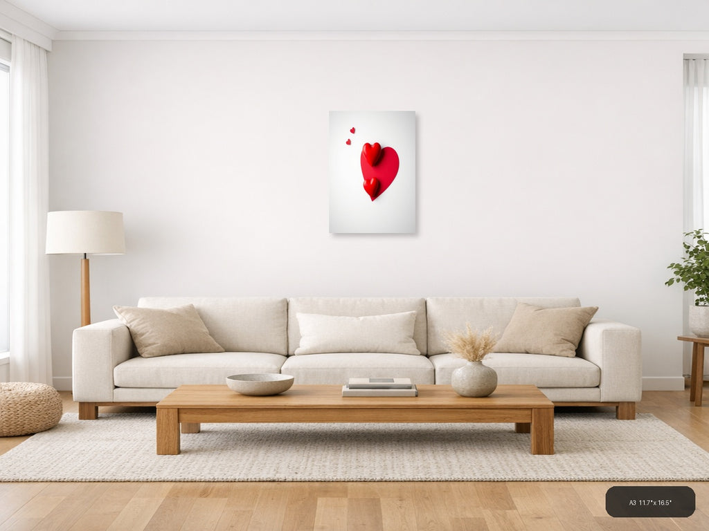 Red Hearts 3D Minimalist Design | Modern Love Canvas Wall Art — A3 (Living Room)