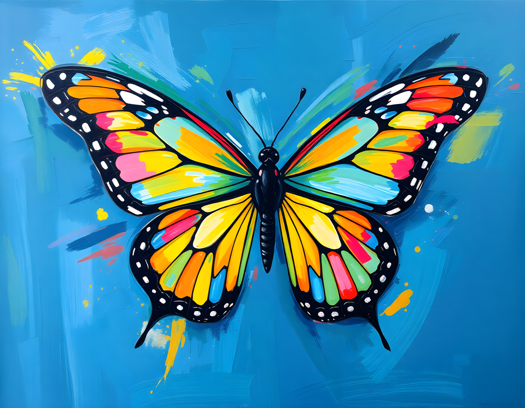 Vibrant Rainbow Butterfly Abstract Blue Wall Art