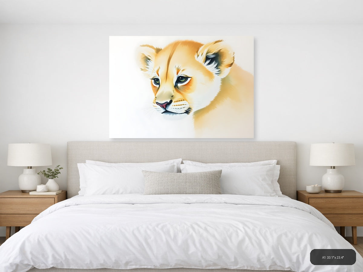 Young Lion Cub Watercolor Portrait Wall Art — A1 / Bedroom