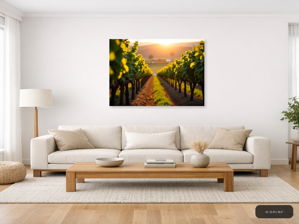 Golden Sunset Vineyard Rows Photography Wall Art — A2 / Living Room